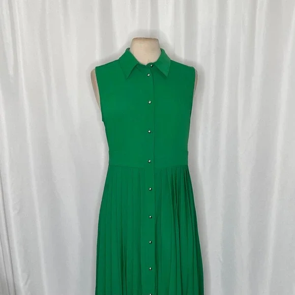 NWT!! KAREN MILLEN Soft Tailored Pleated Sleeveless Shirt Dress Solid Green US 8 - Picture 4 of 16